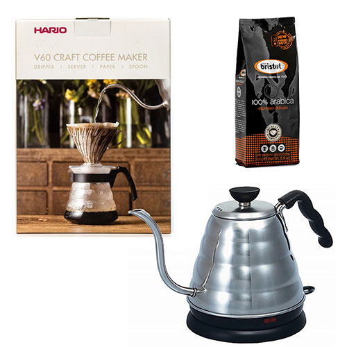 Hario V60 Craft Coffee Maker + Hario V60 Buono Elektrische Waterketel + Bristot Diamante 100% Arabica gemalen koffie