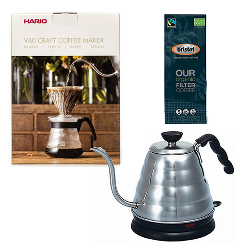 Hario V60 Craft Coffee Maker + Hario V60 Buono Elektrische Waterketel + Bristot OUR Biologische Filter Koffie